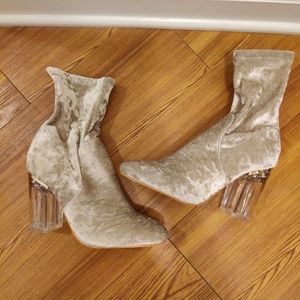 Crushed velvet bootie clear heel